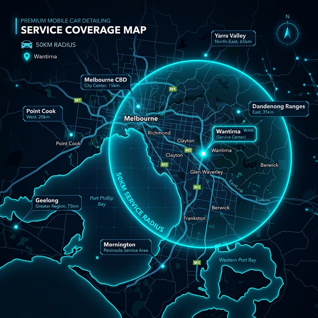 Udi's Detailing Service Coverage Map - Melbourne 50km Radius
